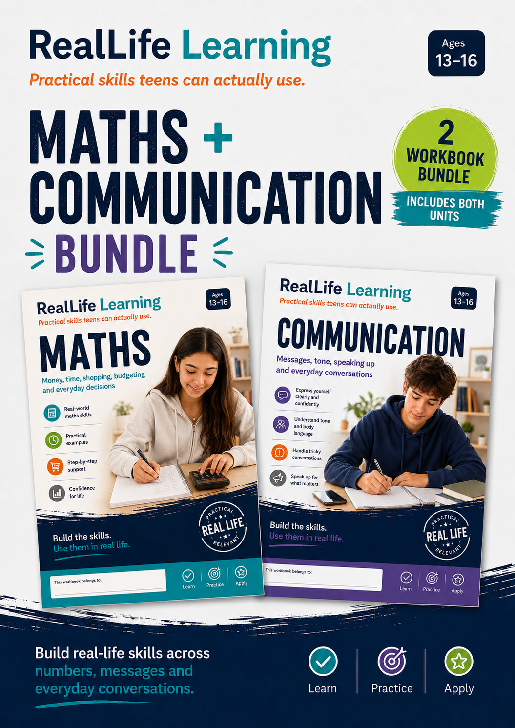 RealLife Maths and Communication workbook bundle for Australian teens aged 13 to 16