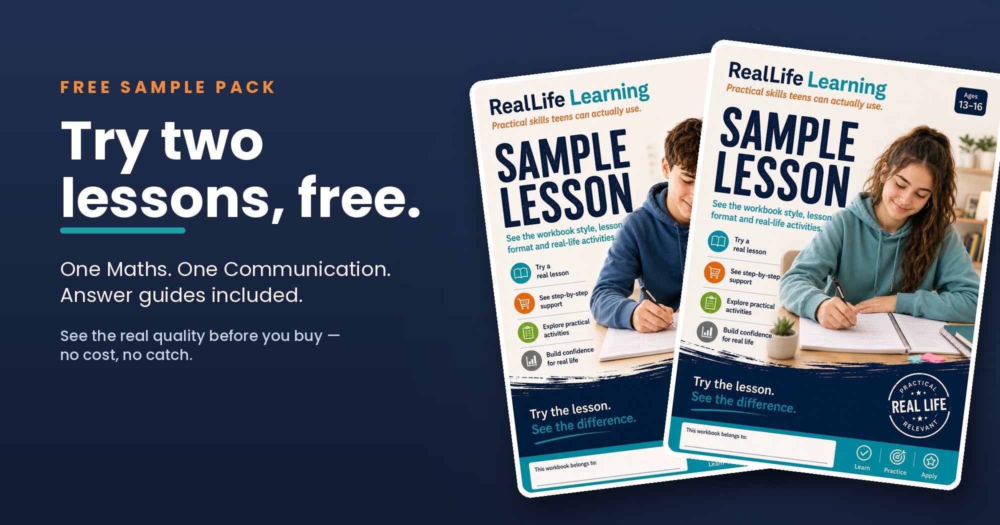 Free RealLife Learning sample pack: two complete lessons, one Maths and one Communication, with answer guides